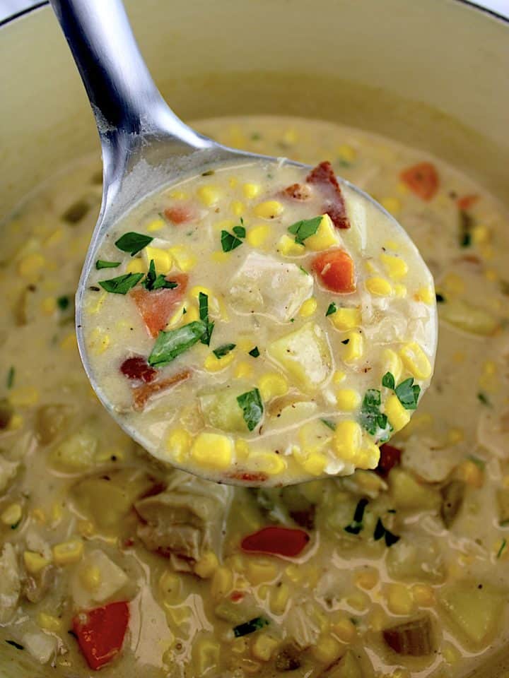 Chicken Corn Chowder in ladle over pot