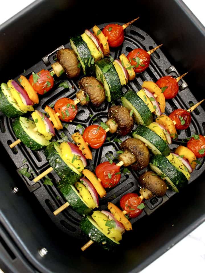 Veggie Kebabs in air fryer basket