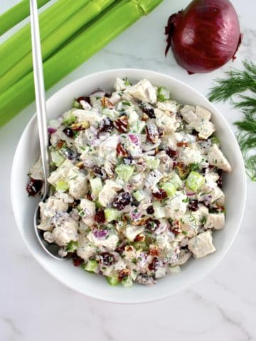 overhead view of Cranberry Pecan Chicken Salad in white bowl with silver serving spoon