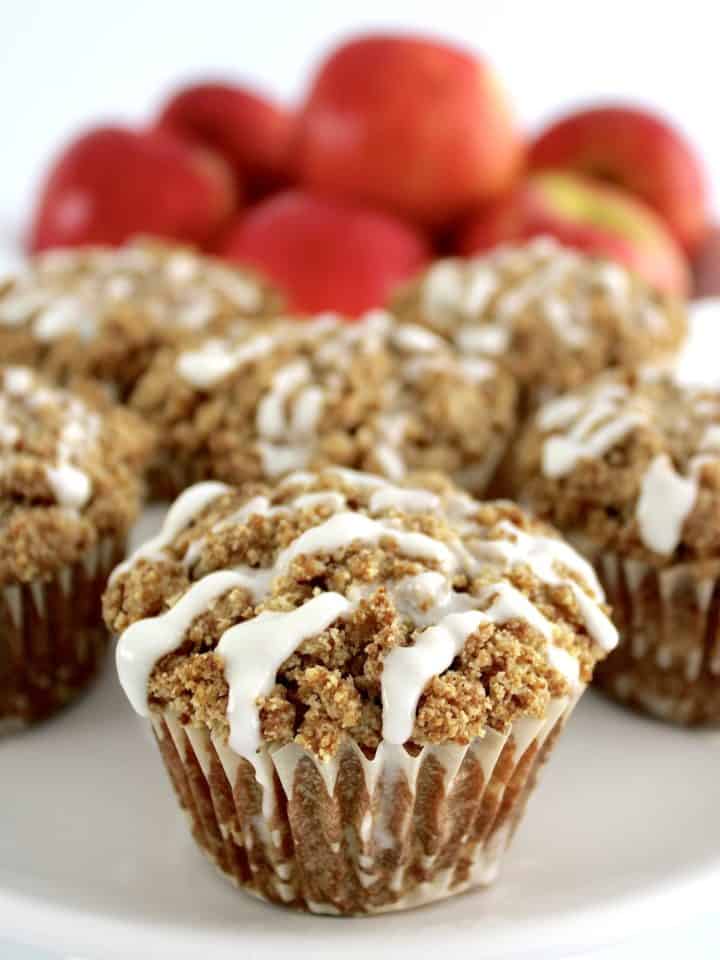 closeup of Gluten-Free Apple Streusel Muffins with icing on top